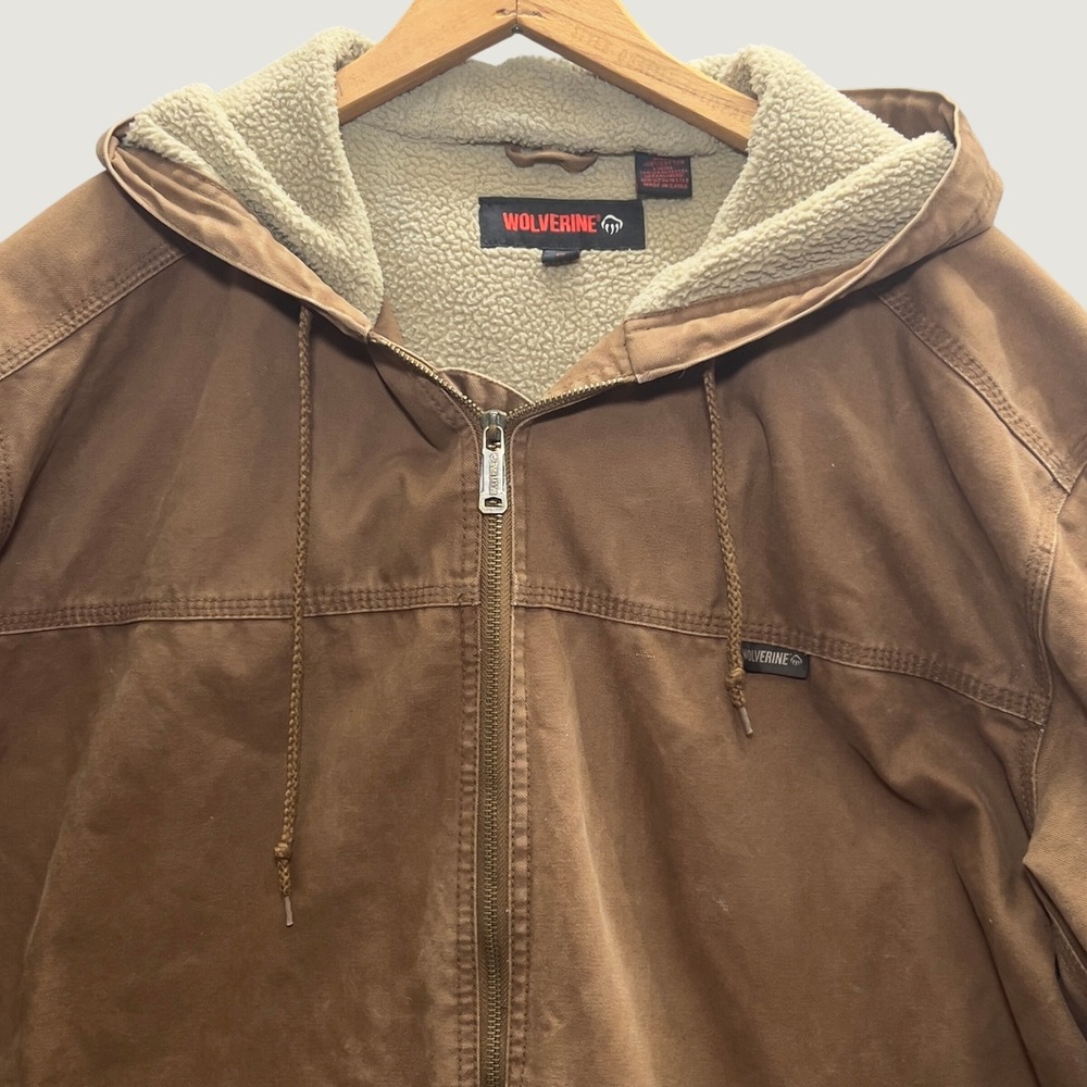 Wolverine Mens Jacket Brown Cotton Canvas Sherpa Lined Hooded Work Coat - Picture 2 of 10